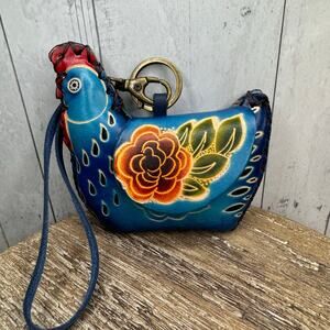 Genuine Leather Chicken Coin Purse Wristlet Blue Chicken Hand Painted Leather